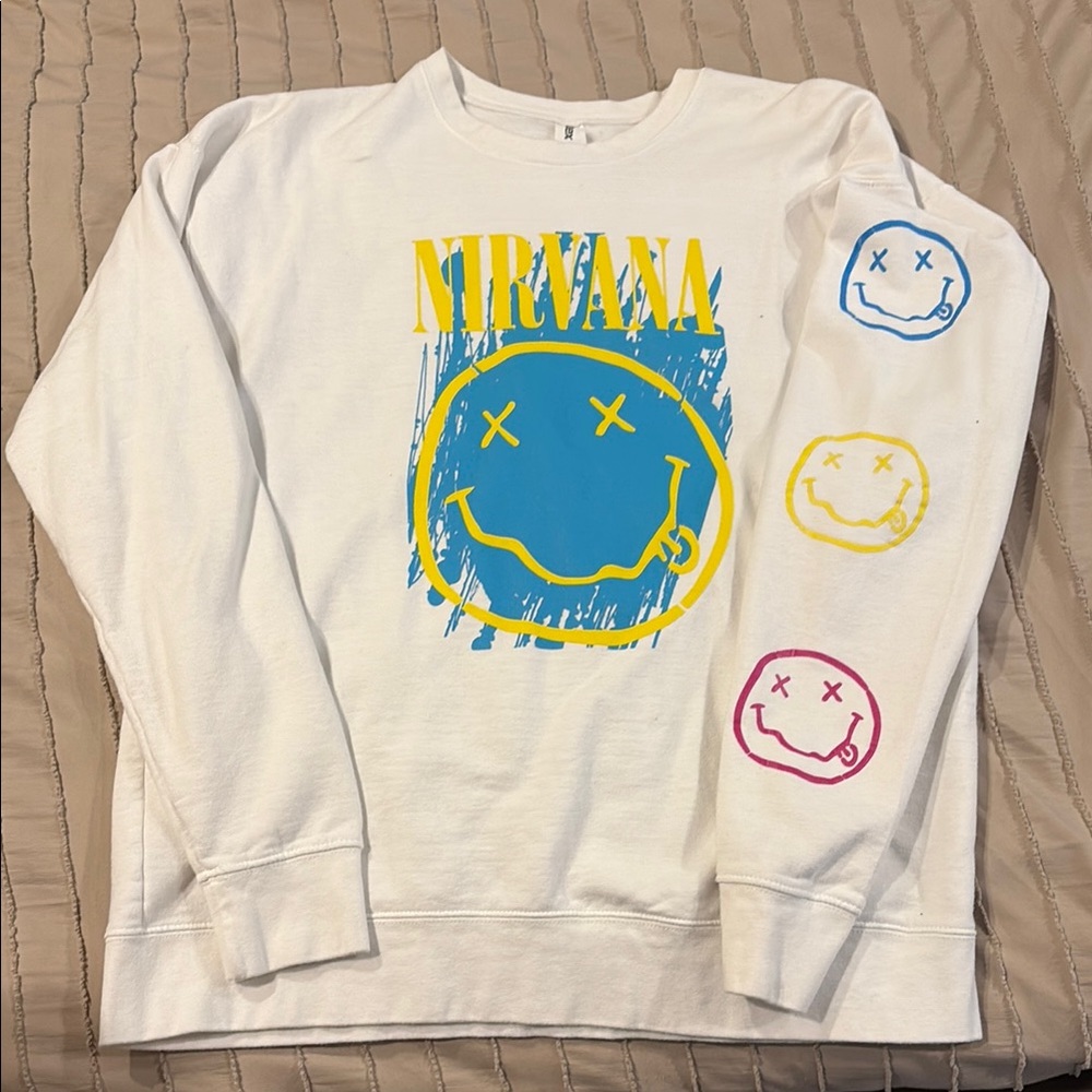 Nirvana White Sweater with Blue and Yellow Graphics